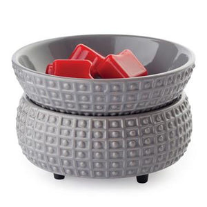 The Slate 2-in-1 wax melt warmer is made of slate grey ceramic with a hobnail and rectangle geometric design